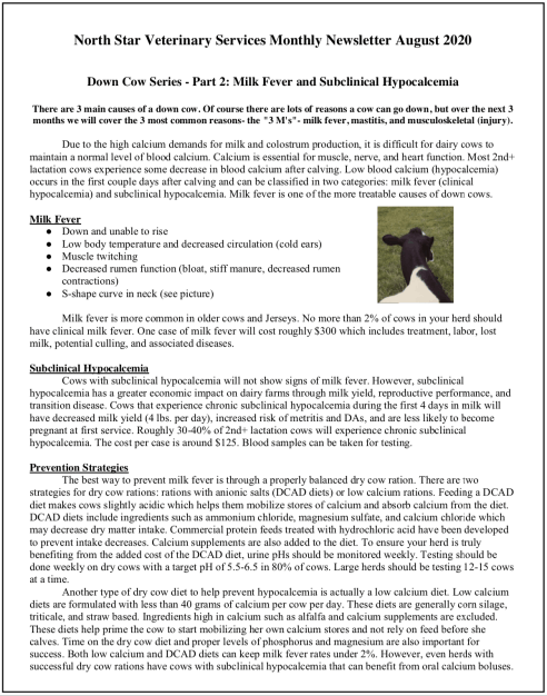 Newsletter August 2020: Down Cow Hypocalcemia